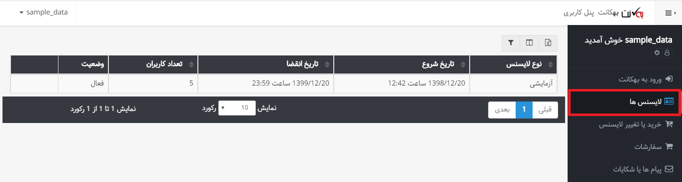 لایسنسهای در پنل کاربری حسابداری ابری