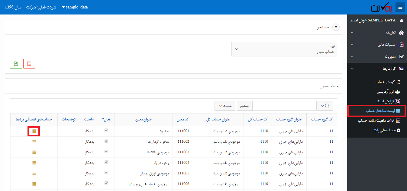 لیست ساختار حساب