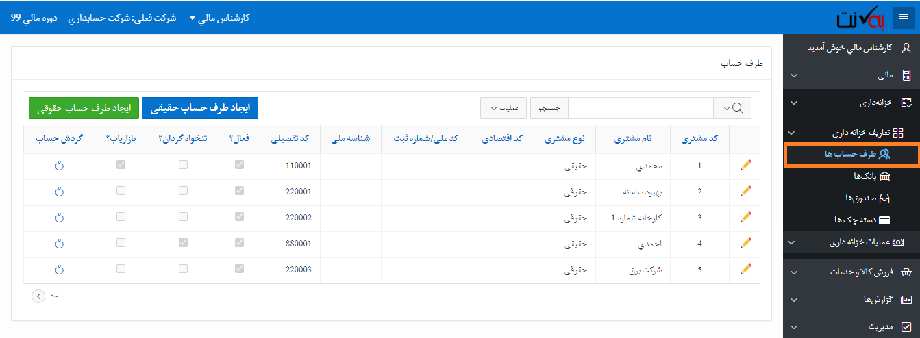 طرف حساب، مشتری، بازاریاب، تنخواه گردان