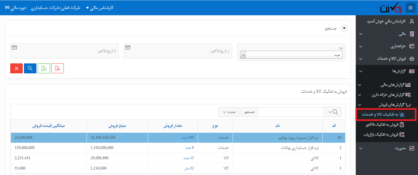 فروش به تفکیک کالا و خدمات