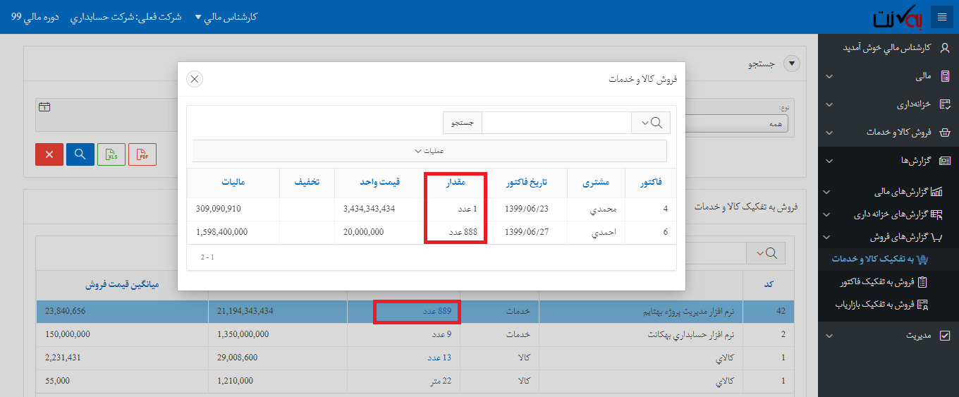 فروش کالا و خدمات به تفکیک تعداد